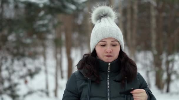 Portrait Young Beautiful Woman Winter Clothes Wears Black Mask Standing — Stock Video