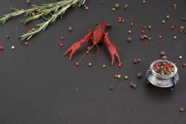 Lezzetli haşlanmış kerevit yakından, biber, limon ve maydanozlu. Metnin için boş yer. Koyu arkaplan