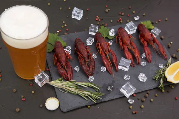 Delicious boiled crayfish close-up on a stone plate, around pieces of ice, and with a glass of beer, with pepper, lemon and parsley. Black Background
