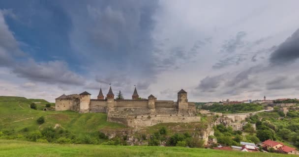 Time Lapse Night View Illuminated Old Town Kamianets Podilskyi Castle — Stock Video