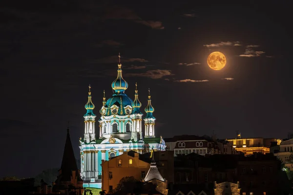 Full Moon Rising Saint Andrew Church Night Kyiv Ukraine — Stock Photo, Image