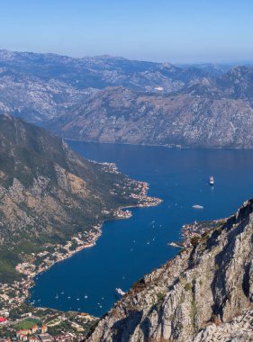 Panoramic view of the Bay of Kotor, Montenegro, from the Lovcen National Park showing blue sea, rugged mountains, and scenic coastline under clear sky.