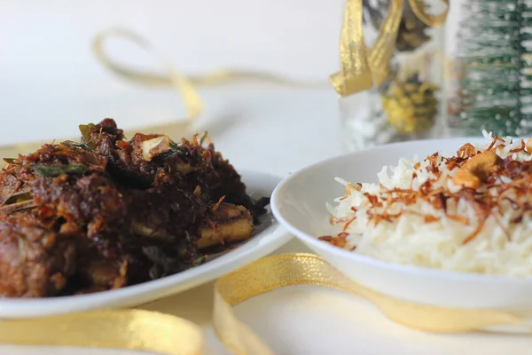 Aromatischer Traditioneller Ghee Reis Und Würziger Hammelbraten Zubereitet Kerala Stil — Stockfoto