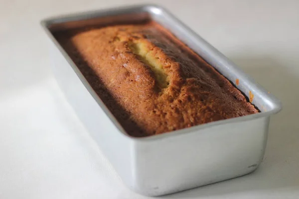 Thuis Gebakken Vanille Cake Het Brood Blik Lade Schot Witte — Stockfoto