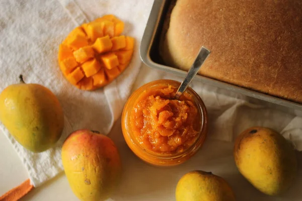 Mermelada Mango Alphonso Casera Con Ingredientes Pulpa Mango Azúcar Jugo —  Fotos de Stock