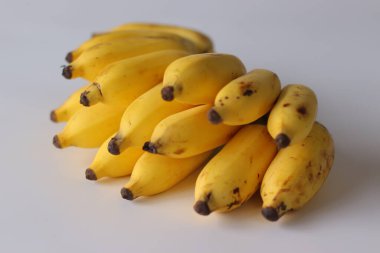 Beyaz bir yüzeye yerleştirilmiş olgun Lady Finger muzları, şeker muzları ya da Elaichi muzları olarak da bilinir. Küçük boy ve kahverengi noktalar olgunluğu gösteriyor. Hint mutfağında popüler tropikal meyve