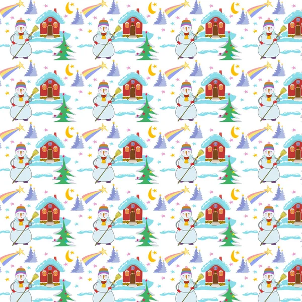 Pattern Nice Snowman House Snow — Stock Photo, Image