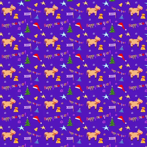 New Year Theme Pattern Cow Santa Hat Christmas Tree Symbol — Stock Photo, Image