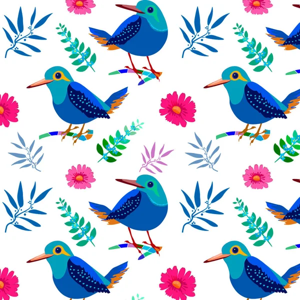Patrón Pájaros Flores Decorativas Ramitas Para Textiles — Archivo Imágenes Vectoriales