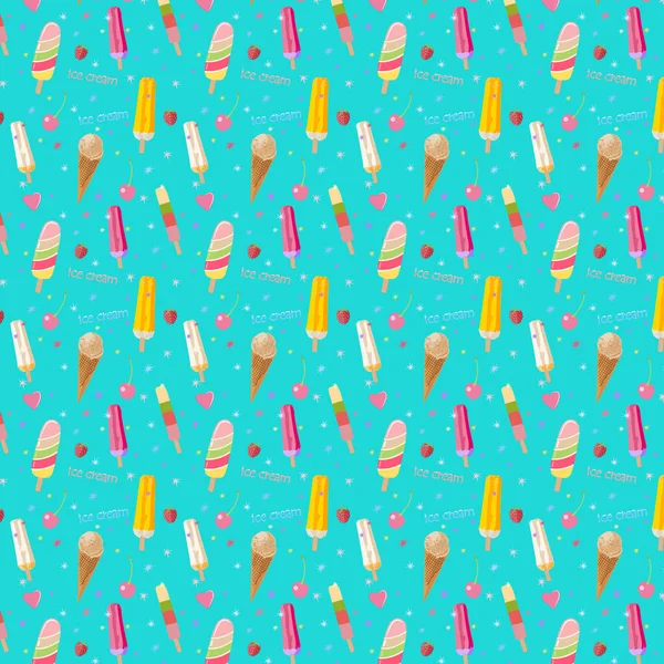 Pattern Different Types Ice Cream Cherries Raspberries — Stock Vector