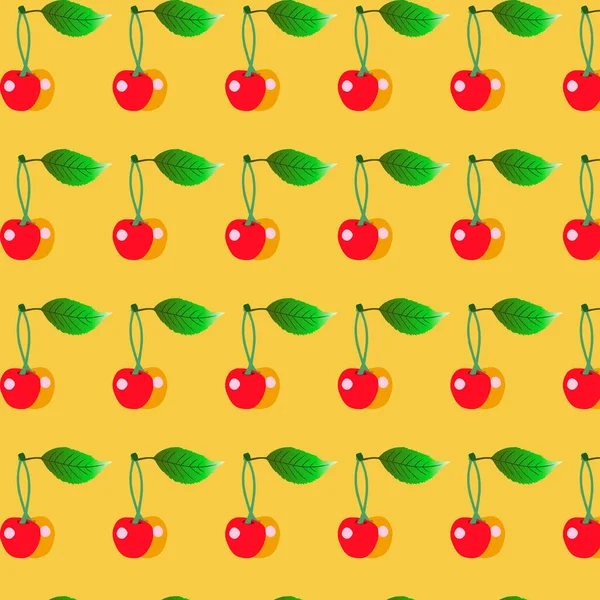 Cereza Con Patrón Hojas Sobre Fondo Amarillo — Vector de stock