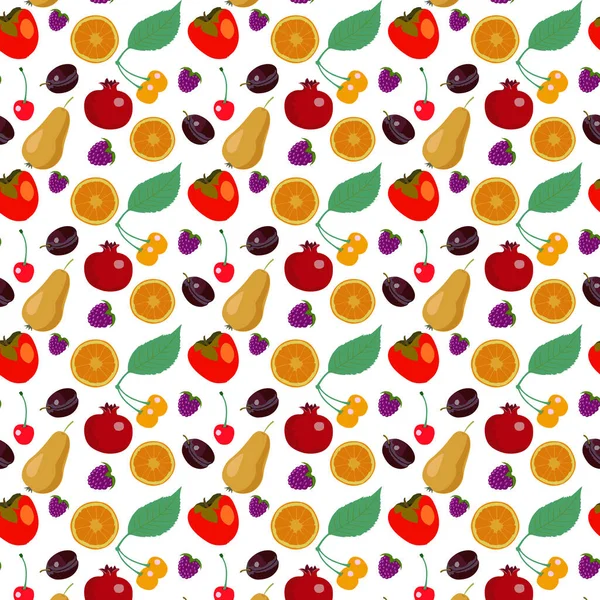 Pattern Pear Persimmon Plum Blackberry Pomegranate Cherry Lemon Slice — Stock Vector