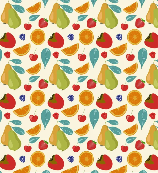 Pattern Pear Persimmon Strawberry Blackberry Raspberry Cherry Lemon Slice — Stock Vector