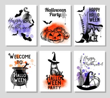 Cadılar Bayramı ve komik kediler. Vektör çizimi ve suluboya lekeleri