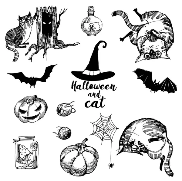 Halloween Śmieszne Koty Ilustracja Szkic Wektorowy Plamy Akwareli — Wektor stockowy