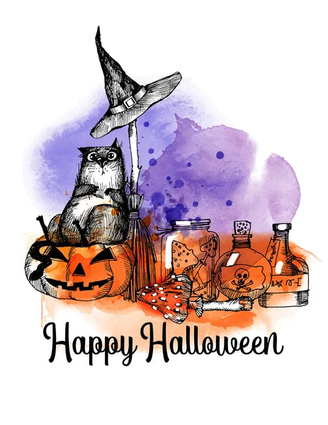Halloween Gatos Engraçados Desenho Vetorial Ilustração Aquarela Manchas — Vetor de Stock