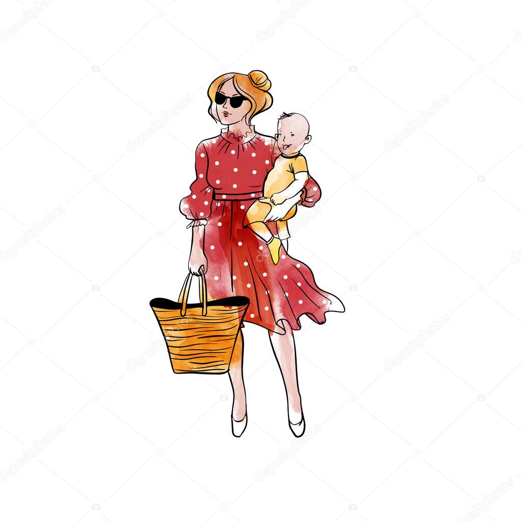 Woman`s life. Vector illustration of mother and baby outdoor. Watercolor and sketc