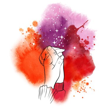 Galaksideki sevgililerin ellerinin suluboya arka plandaki temsili. 