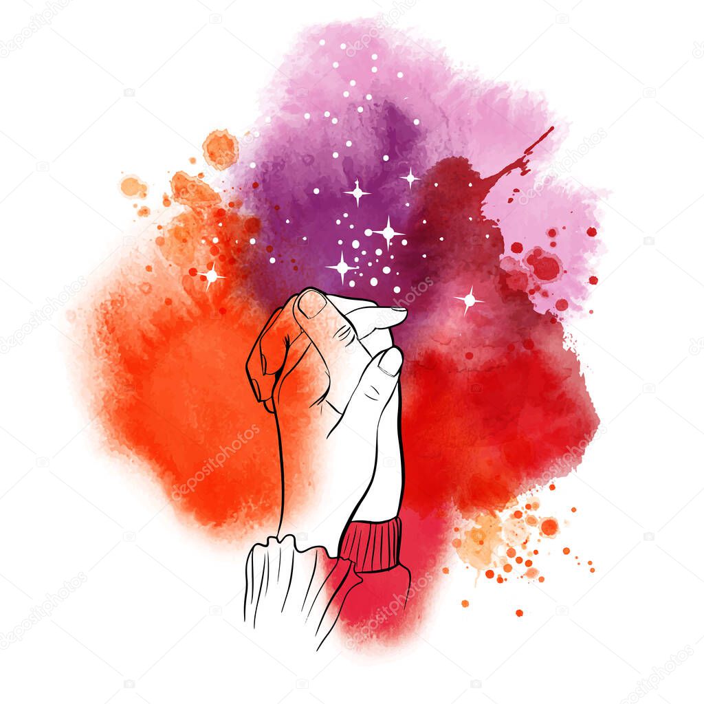 Vector illustration of hands of lovers on galaxy watercolor background. 