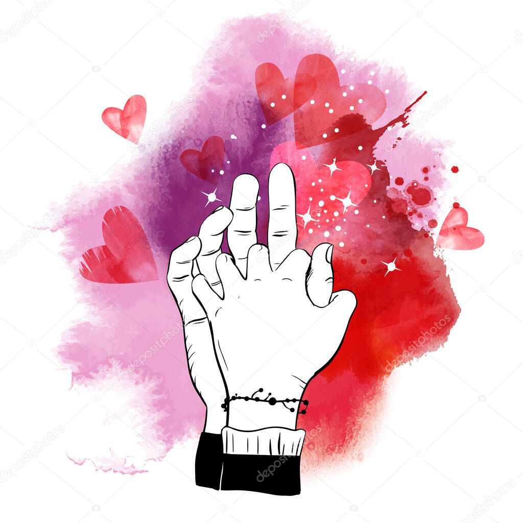 Vector illustration of hands of lovers on galaxy watercolor background. 