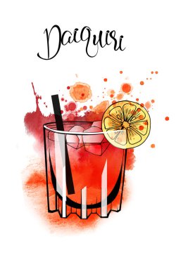 Daiquiri. Kokteyl afişi. Suluboya vektör kokteylleri. 