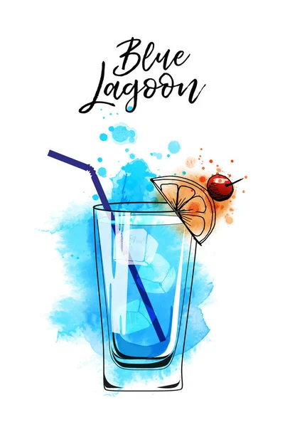 Blue Lagoon Cocktails Banner Watercolor Vector Cocktails — Stock Vector