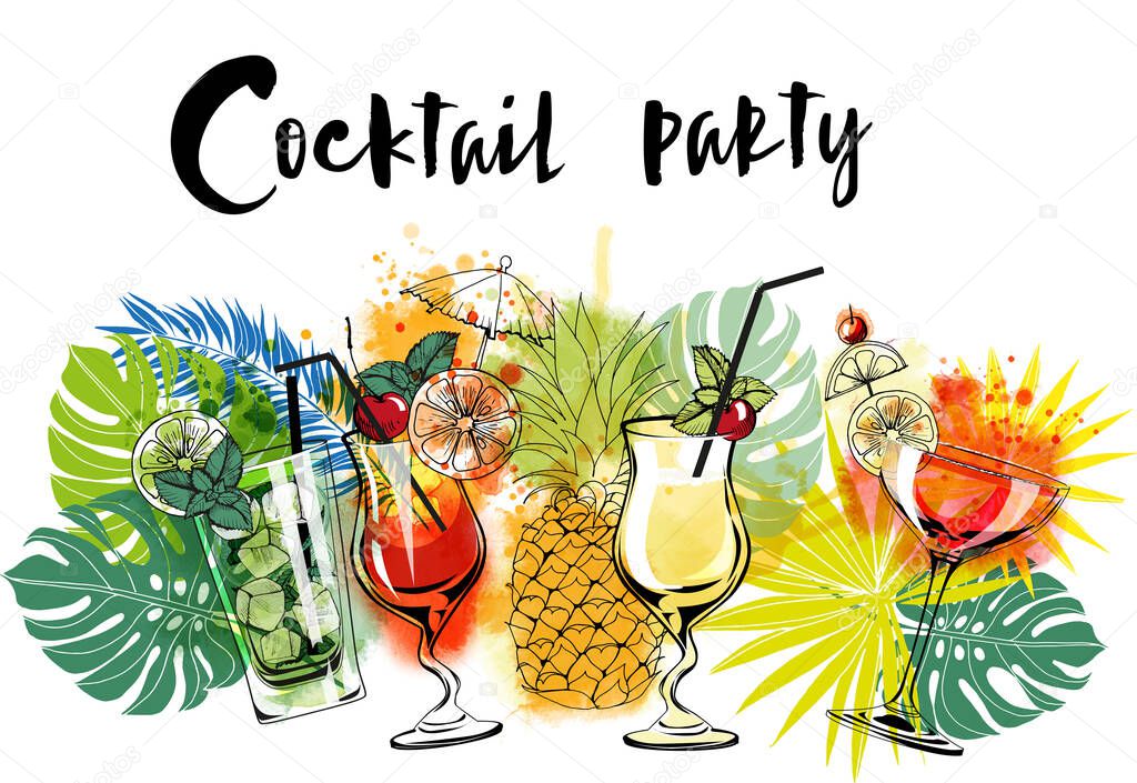 Cocktails banner. Watercolor vector cocktails. 