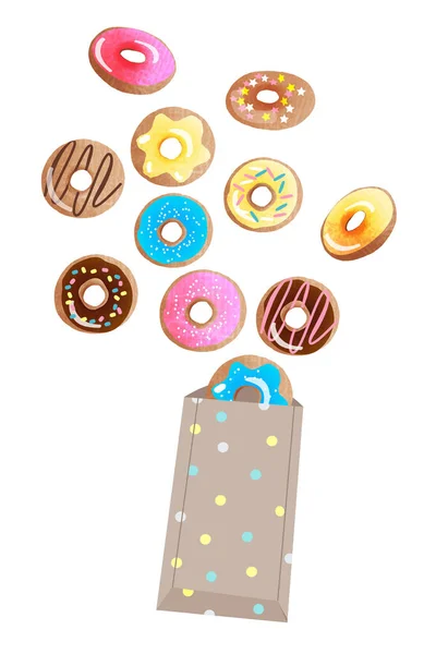 Aquarel Vector Illustratie Van Donuts Vallen Uit Een Papieren Zak — Stockvector