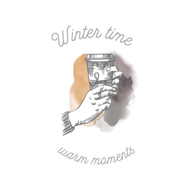 Kış saati kartı. Sıcak içecekle ellerin vektör çizimi. Çizim ve suluboya