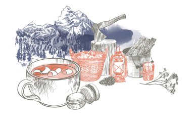 Kapuçinolu kış manzarasının bir tasviri. Çizim ve suluboya.