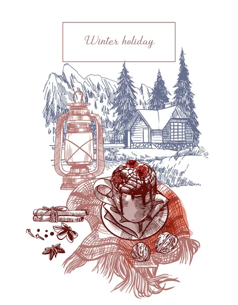 Ilustracja Zimowego Krajobrazu Cappuccino Szkice Akwarele — Wektor stockowy