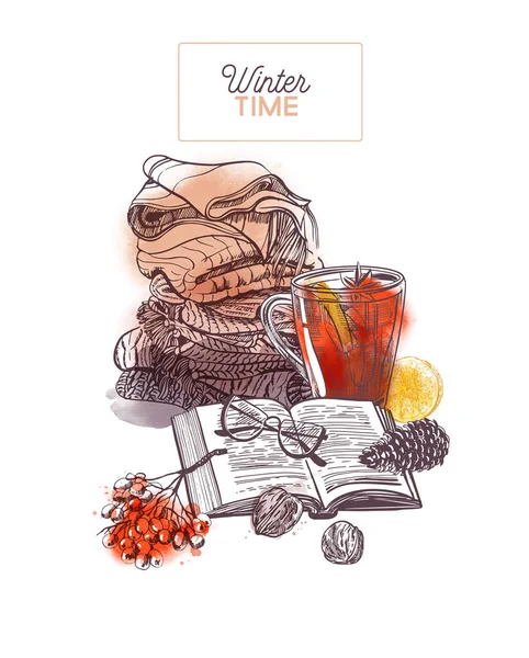 Ilustração Paisagem Inverno Com Chá Esboço Aquarela —  Vetores de Stock