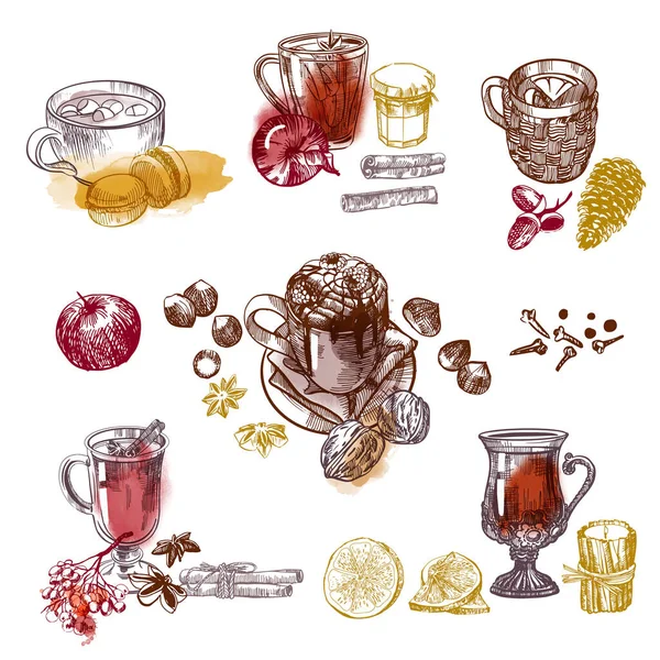 Bebidas Calientes Vector Ilustración Boceto Acuarela Ilustración — Archivo Imágenes Vectoriales