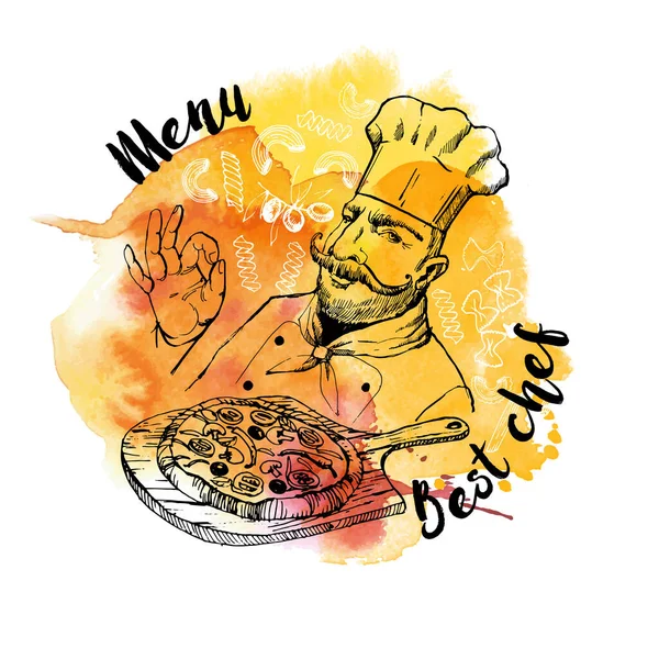 厨师做饭 手绘矢量背景和水彩纹理 — 图库矢量图片