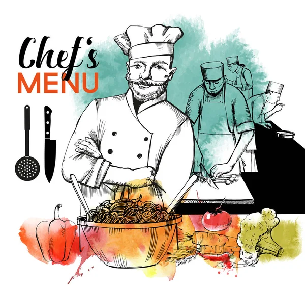Kuchař Vaří Ručně Kreslené Vektorové Pozadí Akvarel Textur — Stockový vektor