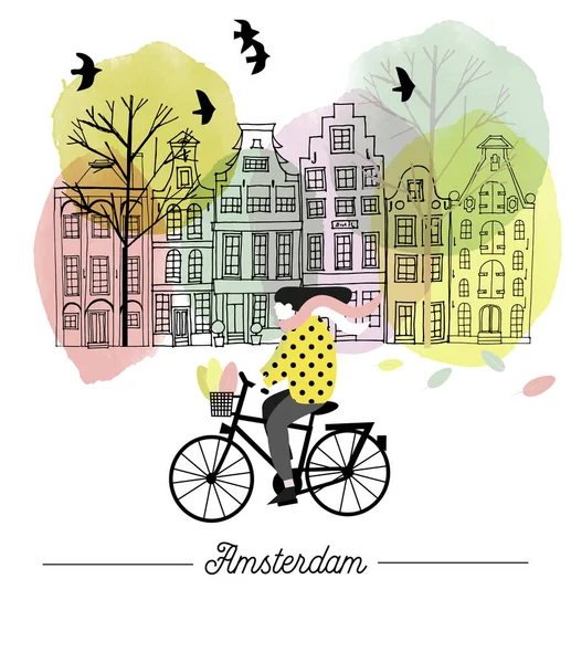 Amsterdam Paisagem Primavera Ilustração Vetorial Aquarela Esboço — Vetor de Stock