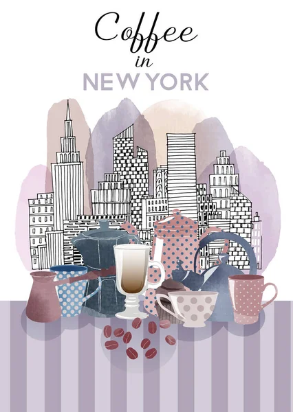 Koffie New York Aquarelachtergrond Ontwerp Van Affiches — Stockvector