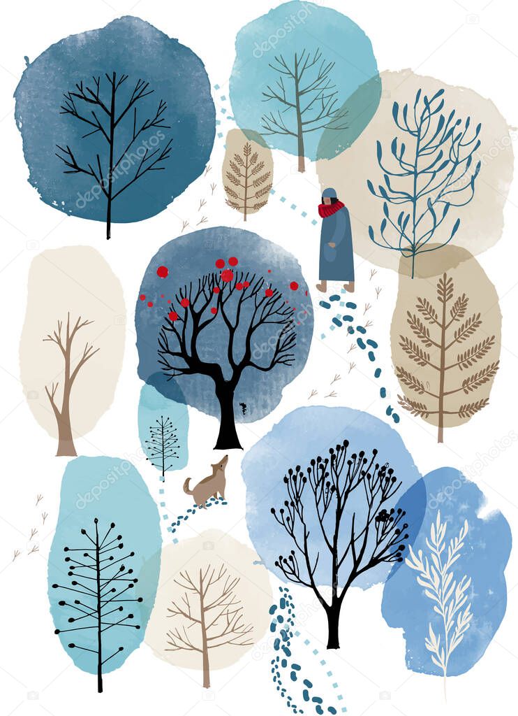 Winter poster. watercolor winter landscape.