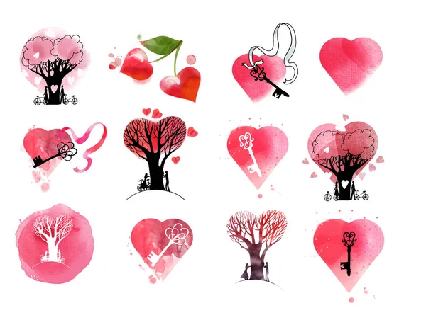 Valentines Vetor Definido Partir Árvores Corações — Vetor de Stock