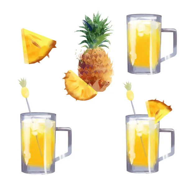 Ananas Fizz Akvarell Cocktail Illustration — Stock vektor