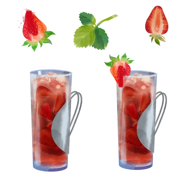 Erdbeere Frose Aquarell Cocktail Illustration — Stockvektor