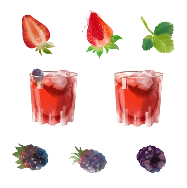 Bramble Gin Aquarel Cocktail Illustratie — Stockvector