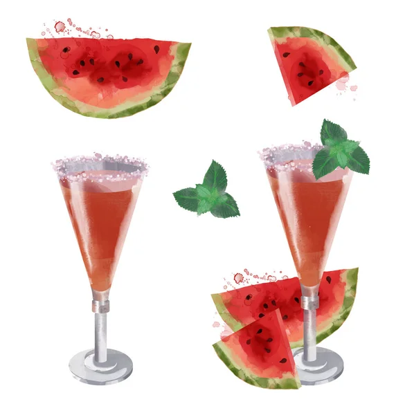 Watermelone Fizz Watercolor Cocktail Illustration — Stock Vector