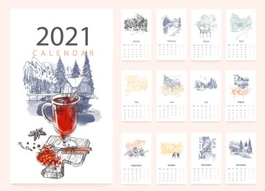 Çizim manzaralı takvim 2021. 