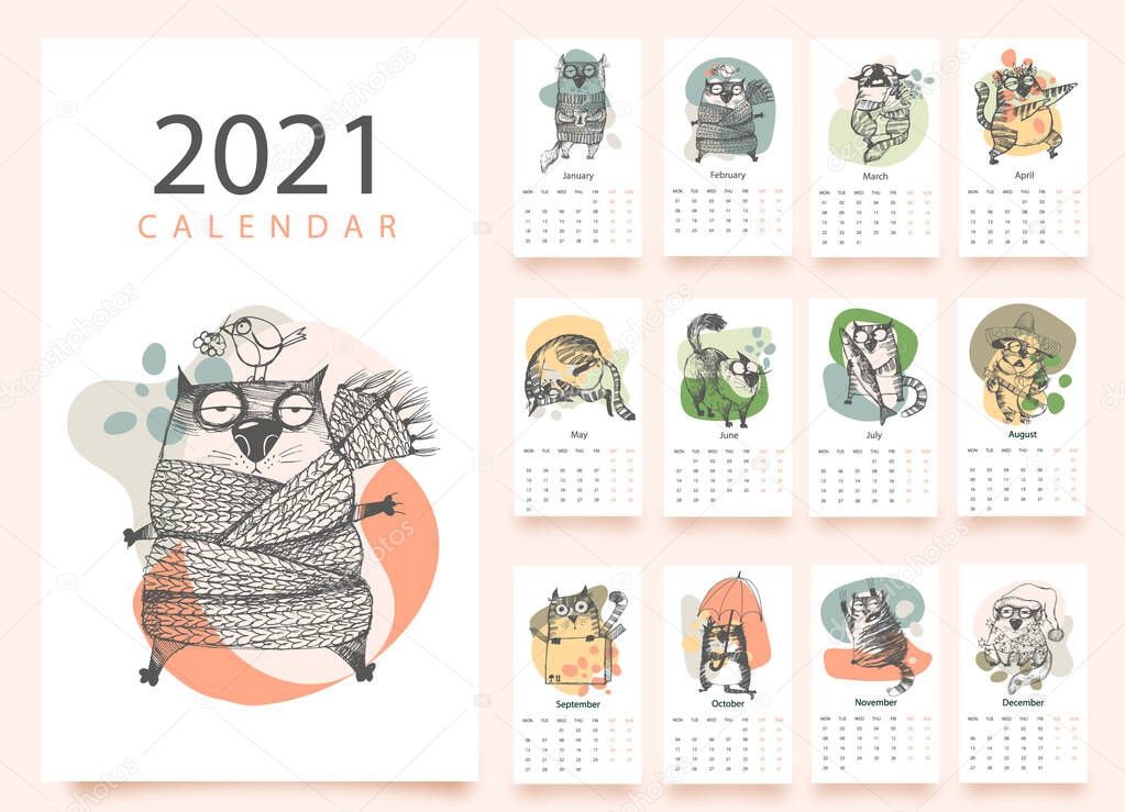 Cat Calendar 2021. Funny cats illustrations