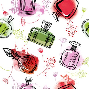 Beyaz sirkülasyonda izole edilmiş kusursuz parfüm şişeleri deseni. Skeç ve suluboya stili. Vektör illüstrasyonu