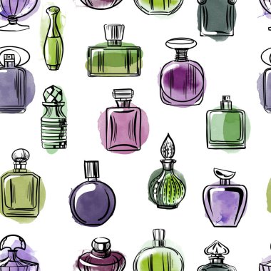 Beyaz sirkülasyonda izole edilmiş kusursuz parfüm şişeleri deseni. Skeç ve suluboya stili. Vektör illüstrasyonu