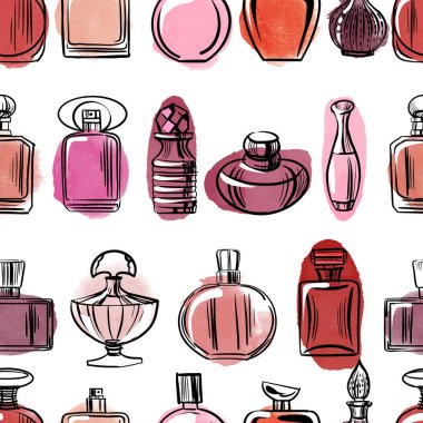 Beyaz sirkülasyonda izole edilmiş kusursuz parfüm şişeleri deseni. Skeç ve suluboya stili. Vektör illüstrasyonu