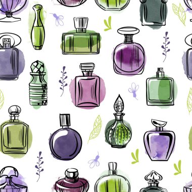Beyaz sirkülasyonda izole edilmiş kusursuz parfüm şişeleri deseni. Skeç ve suluboya stili. Vektör illüstrasyonu