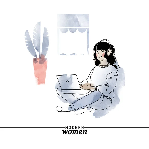 Profesiones Modernas Mujer Freelancer Vector Ilustración Dibujo Ilustración Acuarela — Vector de stock